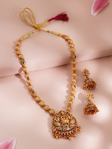 Gold Plated Temple Lakshmi Pendant Necklace Set