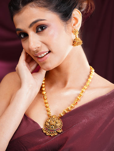 Gold Plated Temple Lakshmi Pendant Necklace Set