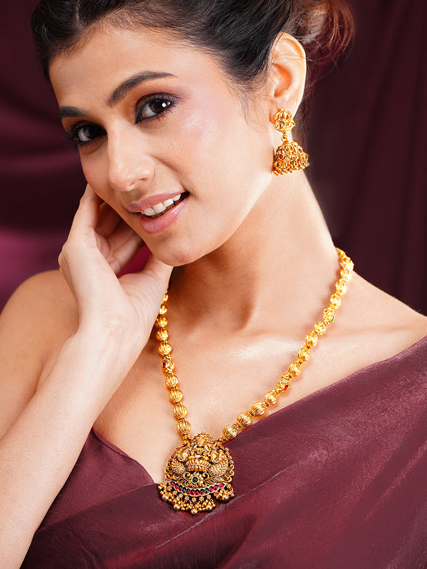 Gold Plated Temple Lakshmi Pendant Necklace Set
