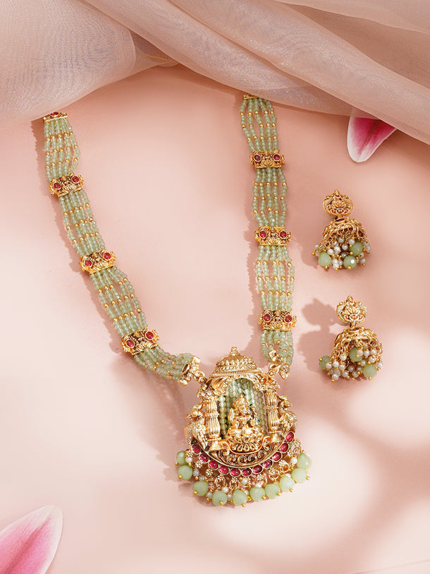 Gold Plated Mint Green Beaded Lakshmi Pendant Necklace Set