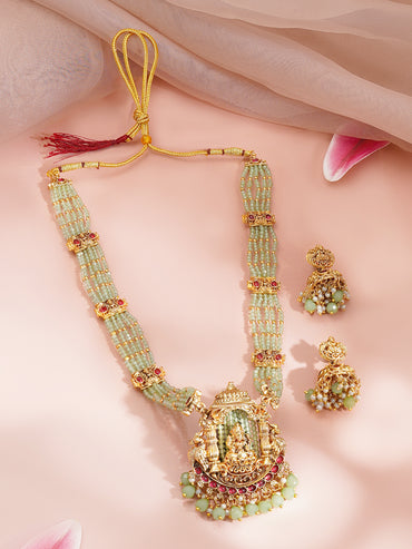 Gold Plated Mint Green Beaded Lakshmi Pendant Necklace Set