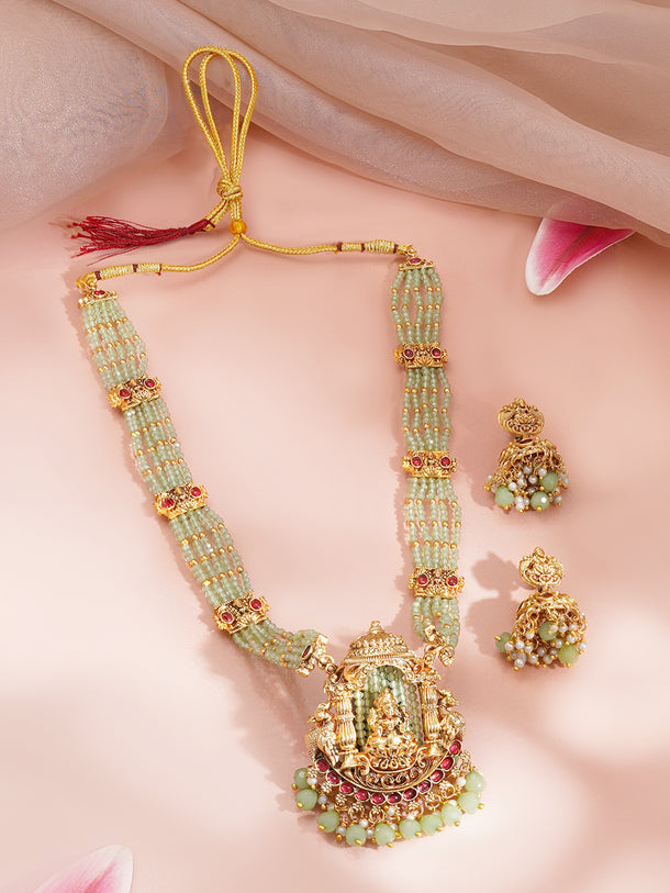 Gold Plated Mint Green Beaded Lakshmi Pendant Necklace Set