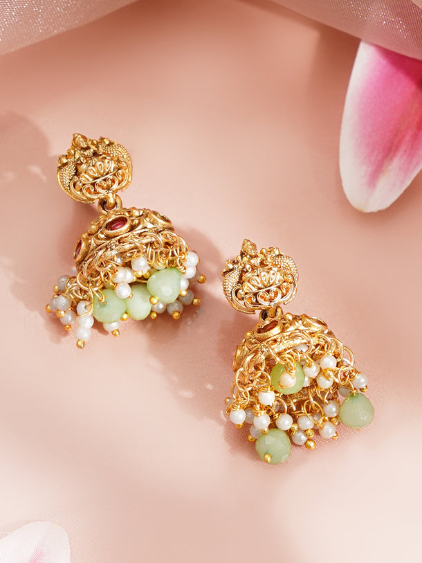 Gold Plated Mint Green Beaded Lakshmi Pendant Necklace Set