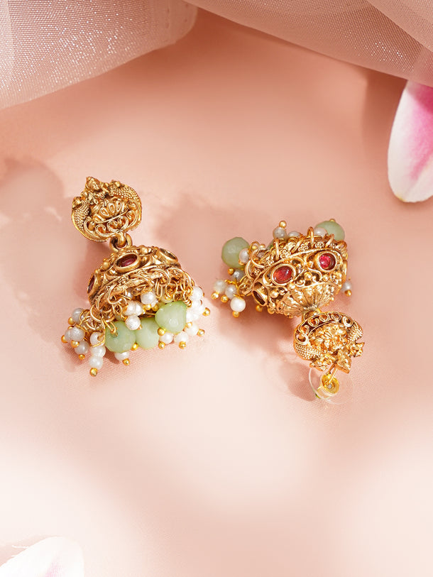 Gold Plated Mint Green Beaded Lakshmi Pendant Necklace Set