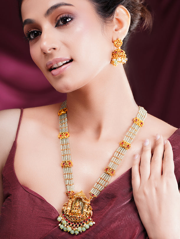Gold Plated Mint Green Beaded Lakshmi Pendant Necklace Set