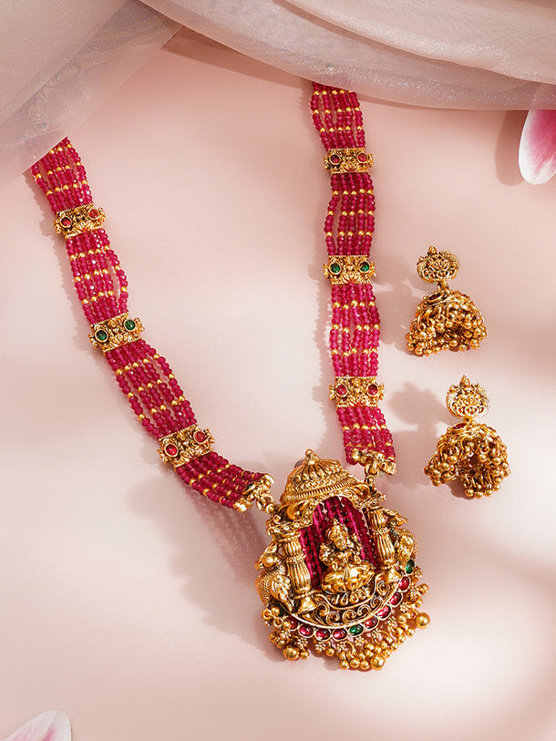 Gold Plated Ruby Beaded Lakshmi Pendant Necklace Set