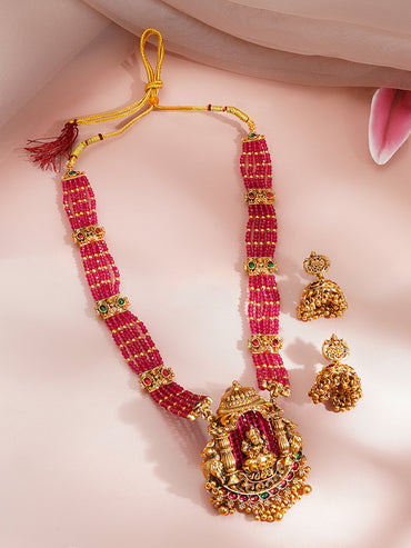 Gold Plated Ruby Beaded Lakshmi Pendant Necklace Set