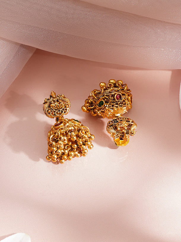 Gold Plated Ruby Beaded Lakshmi Pendant Necklace Set