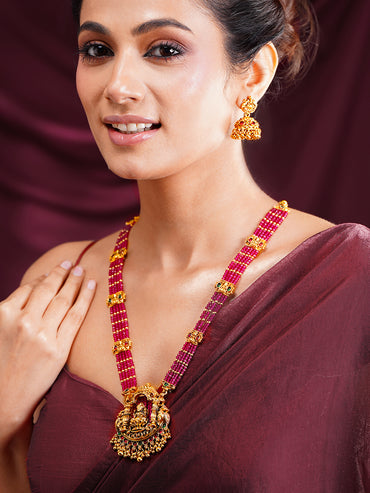 Gold Plated Ruby Beaded Lakshmi Pendant Necklace Set