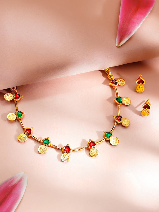 Gold Plated Laxmi Moti Heart Design Multicolor Necklace Set