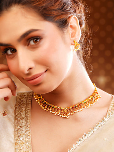 Gold Plated Pearl Drop Pink & Green Temple Necklace Set