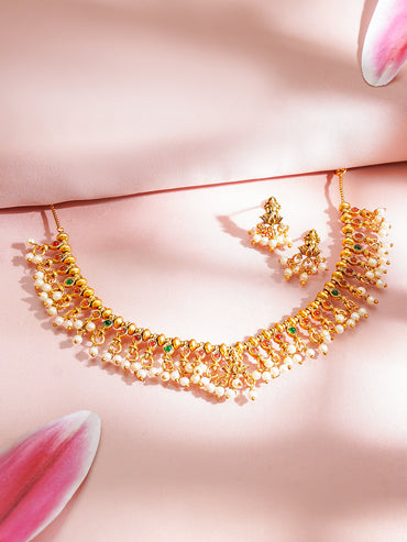 Gold Plated Pearl Drop Pink & Green Temple Necklace Set