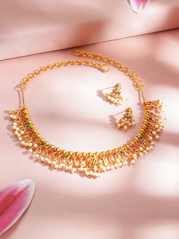Gold Plated Pearl Drop Pink & Green Temple Necklace Set