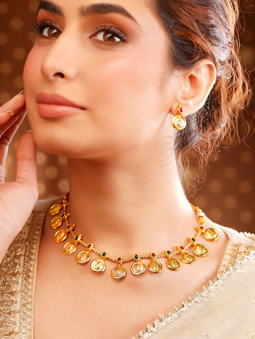 Gold Plated Coin Motif Temple Choker Necklace Set