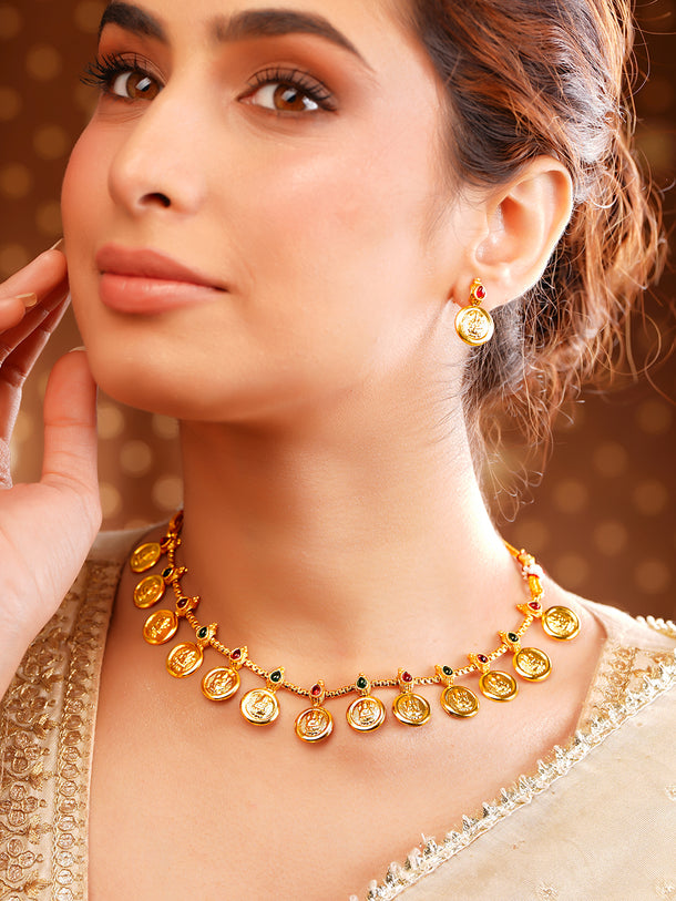 Gold Plated Coin Motif Temple Choker Necklace Set