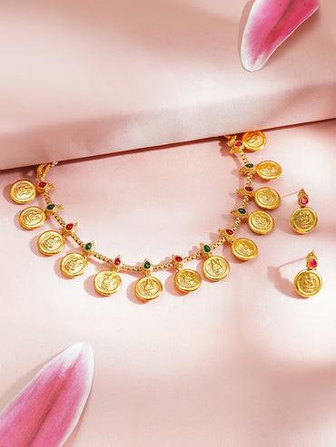 Gold Plated Coin Motif Temple Choker Necklace Set