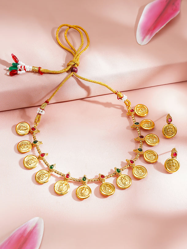 Gold Plated Coin Motif Temple Choker Necklace Set