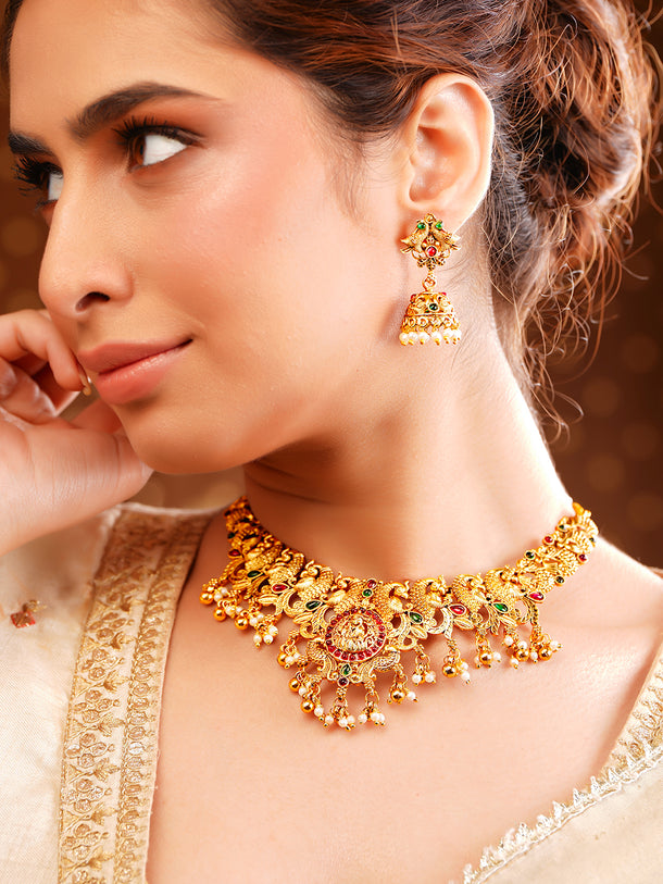 Gold-Plated Temple Lakshmi Peacock Necklace Set