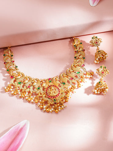 Gold-Plated Temple Lakshmi Peacock Necklace Set