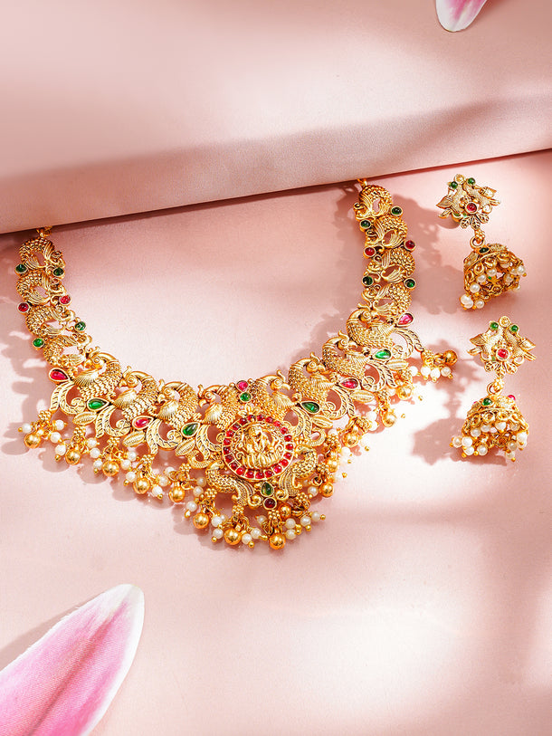 Gold-Plated Temple Lakshmi Peacock Necklace Set