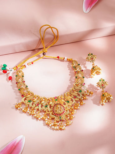 Gold-Plated Temple Lakshmi Peacock Necklace Set