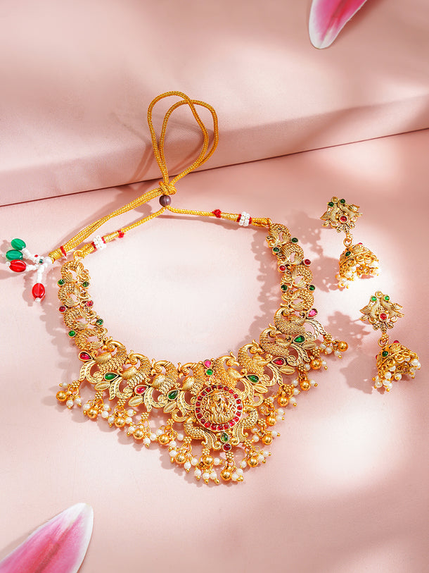 Gold-Plated Temple Lakshmi Peacock Necklace Set