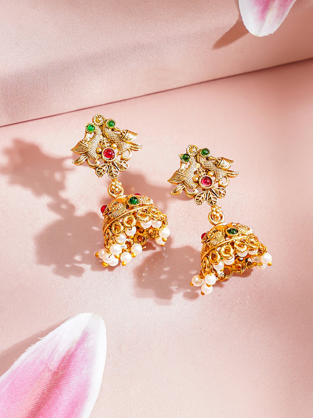 Gold-Plated Temple Lakshmi Peacock Necklace Set