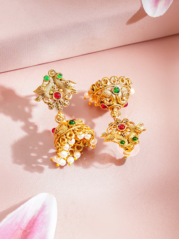 Gold-Plated Temple Lakshmi Peacock Necklace Set