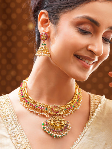 Gold Plated Divine Lakshmi Kundan Pearl Fringe Jewellery Set
