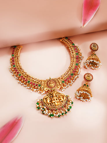Gold Plated Divine Lakshmi Kundan Pearl Fringe Jewellery Set