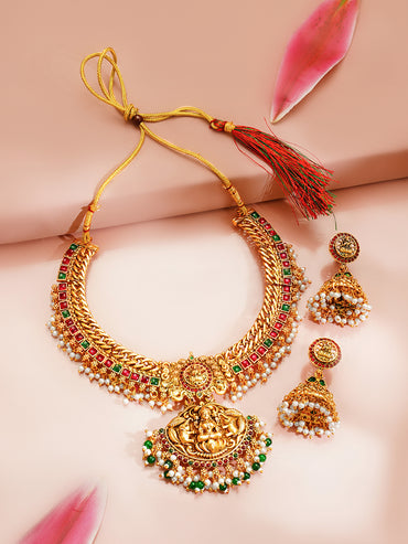 Gold Plated Divine Lakshmi Kundan Pearl Fringe Jewellery Set