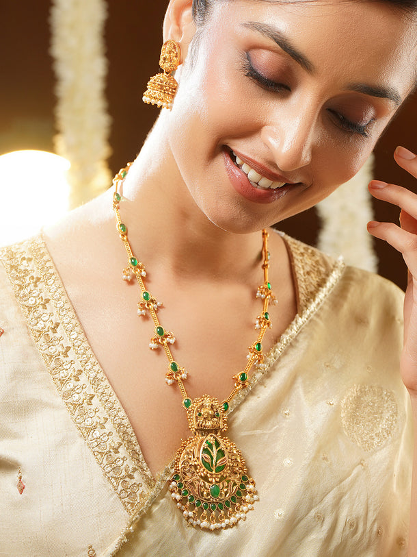 Gold Plated Emerald Leaf Lakshmi Temple Necklace Set