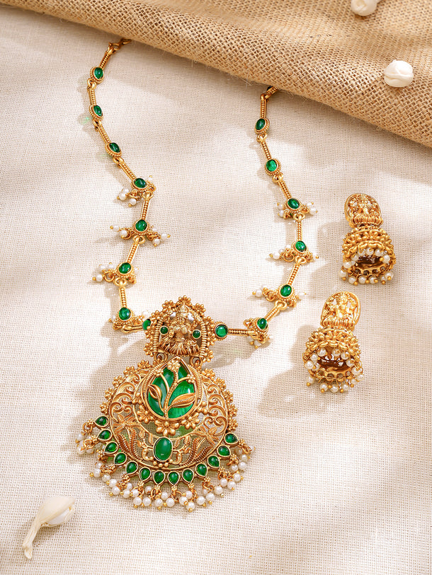 Gold Plated Emerald Leaf Lakshmi Temple Necklace Set