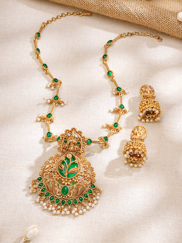 Gold Plated Emerald Leaf Lakshmi Temple Necklace Set