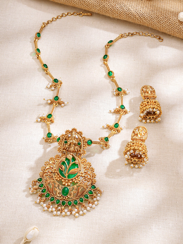 Gold Plated Emerald Leaf Lakshmi Temple Necklace Set