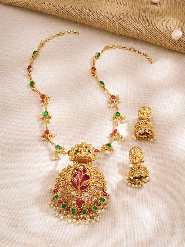 Gold Plated Ruby Bloom Lakshmi Temple Necklace Set