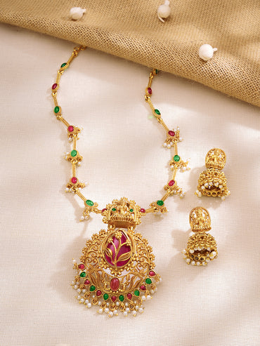 Gold Plated Ruby Bloom Lakshmi Temple Necklace Set