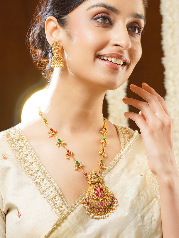 Gold Plated Ruby Bloom Lakshmi Temple Necklace Set