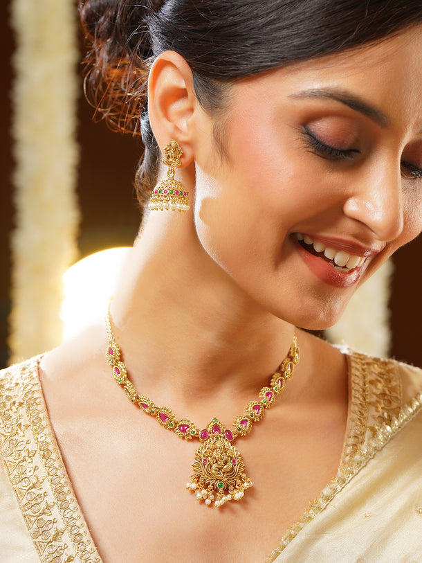 Gold Plated Divine Lakshmi Ruby Petal Temple Choker Set