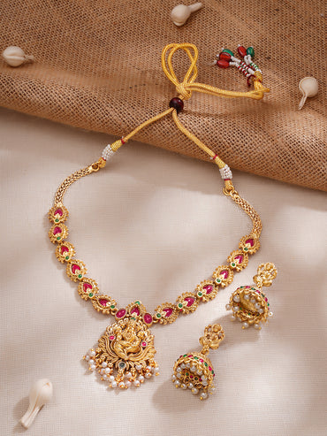 Gold Plated Divine Lakshmi Ruby Petal Temple Choker Set