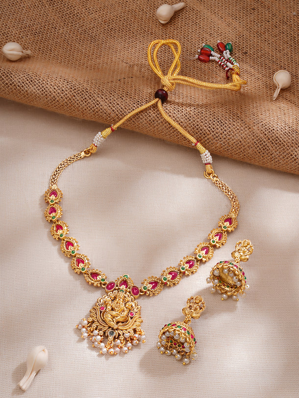 Gold Plated Divine Lakshmi Ruby Petal Temple Choker Set