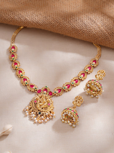 Gold Plated Divine Lakshmi Ruby Petal Temple Choker Set