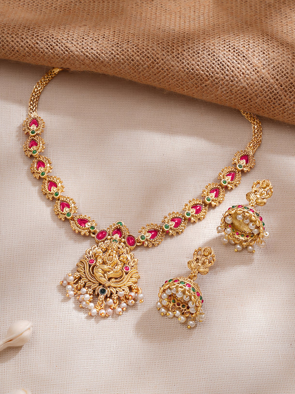 Gold Plated Divine Lakshmi Ruby Petal Temple Choker Set