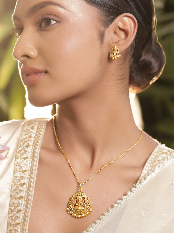 Gold Toned Laxmi Motif Pendant Necklace