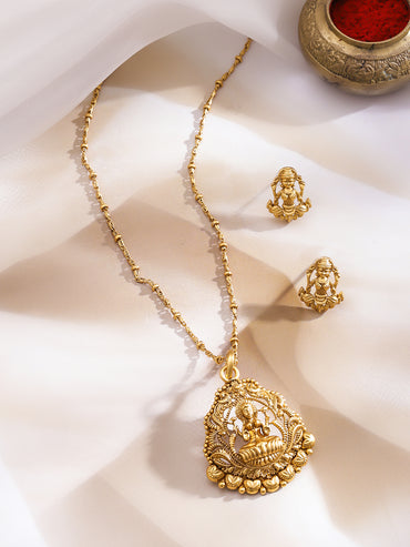 Gold Toned Laxmi Motif Pendant Necklace
