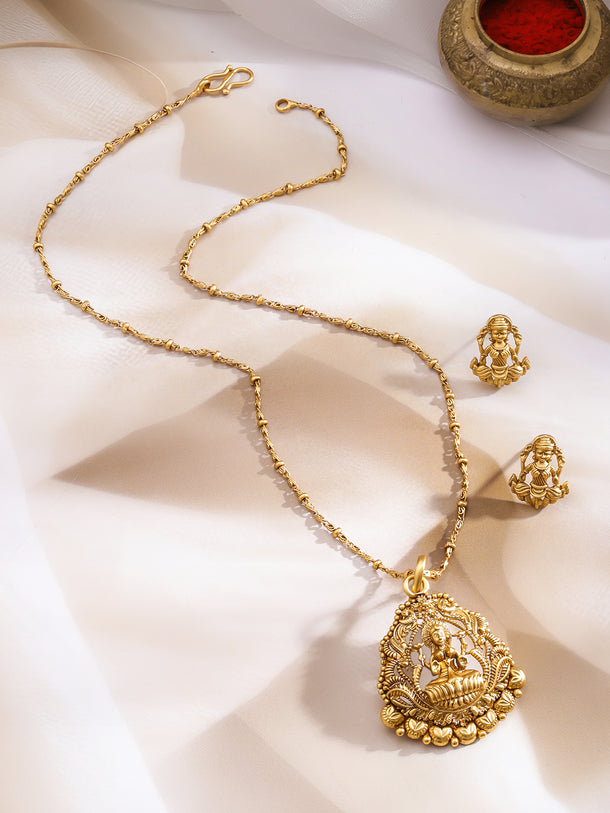 Gold Toned Laxmi Motif Pendant Necklace