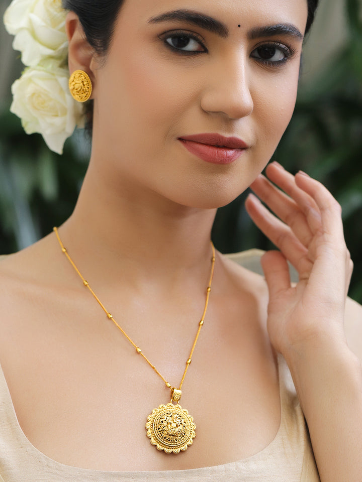 Rubans 22K Gold-Plated Lakshmi Temple Pendant Necklace Set with Stud Earrings