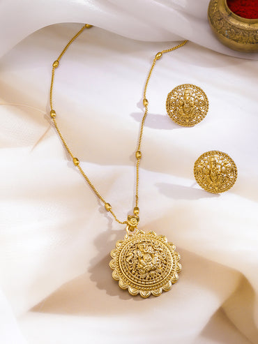 Rubans 22K Gold-Plated Lakshmi Temple Pendant Necklace Set with Stud Earrings