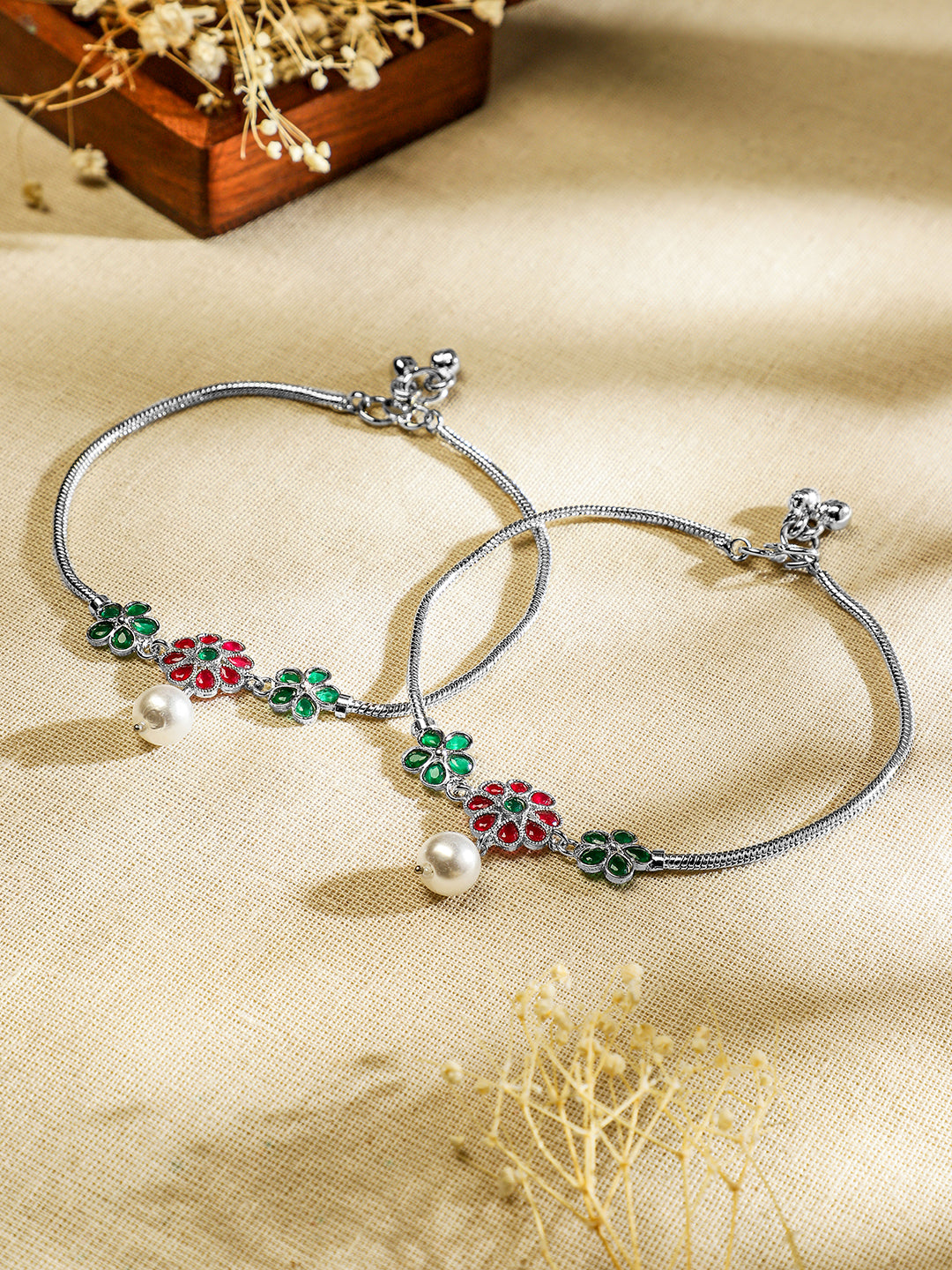 Rubans Set of 2 Oxidized Silver-Plated Ruby Pink & Emerald Green Kundan Floral Anklets with Pearl Accents