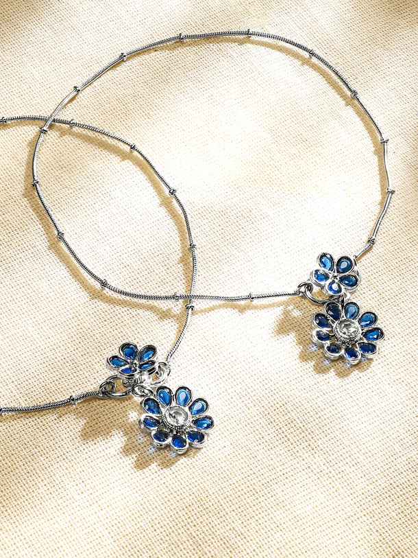Rubans Set of 2 Oxidised Silver-Plated Blue Kundan Floral Charm Anklets